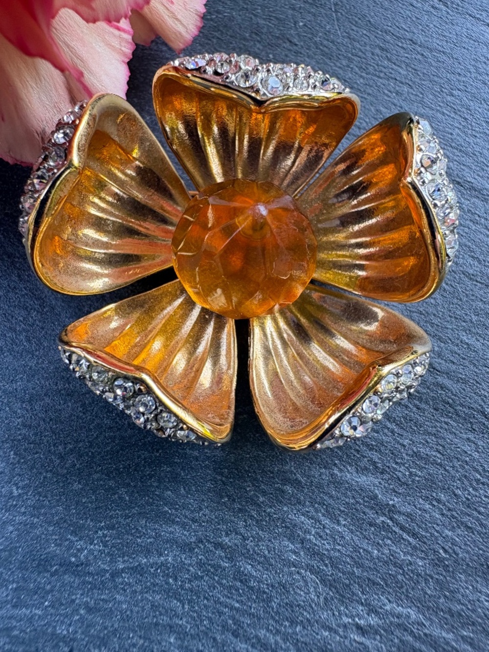 Joan Rivers Mogul Dogwood Flower Brooch Amber Yellow Topaz Rhinestone Pin